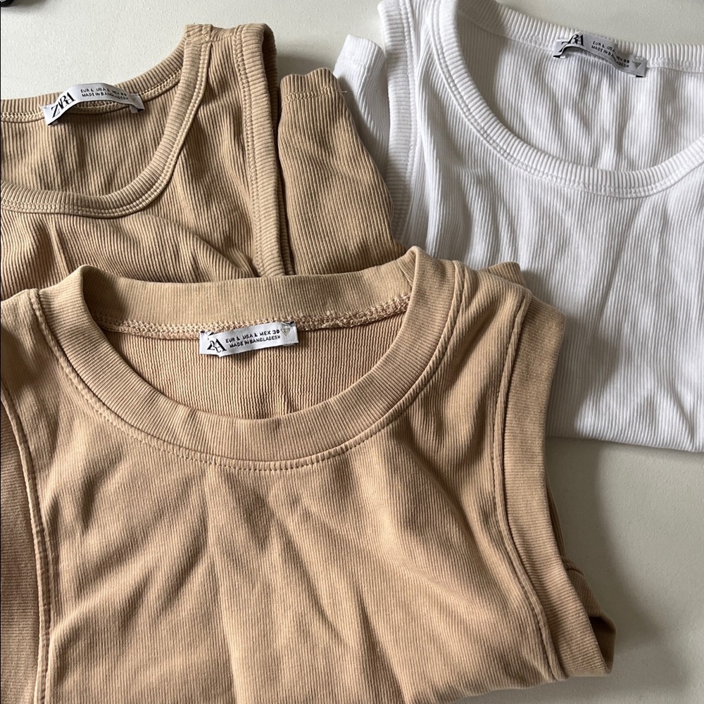 Zara Ribbed Tank Tops in White and Beige (Set of 3)